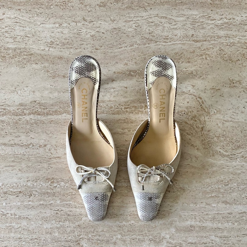 Vintage Chanel Lace-up CC Mule Kitten Heels